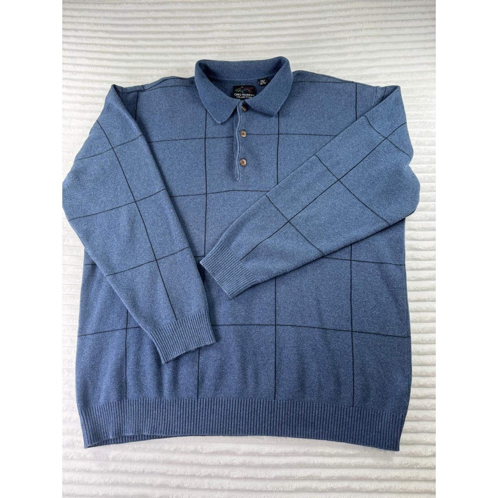 Greg Norman Collection Men XL Blue Windowpane Cotton Golf Polo Sweater